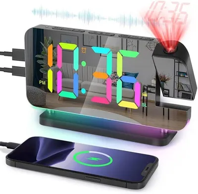 Produktbild von Digitaler Wecker mit Projektor, 180° Drehbarer Projektionswecker, 10 RGB Nachtlichtmodi, 11 Farben LED-Display, Dimmer, Lautstärke, Snooze-Funktion