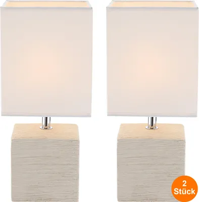 Produktbild von Tischlampe 2er Set Wohnzimmer Nachttischlampe Beige Lampenschirm Weiß Stoff