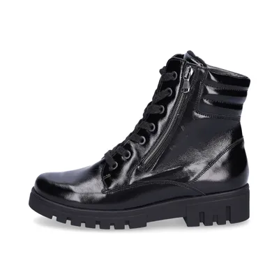 A black patent leather boot with laces and a zipper.