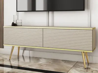 Produktbild von GrainGold TV-Schrank Diolo - RTV-Schrank, RTV-Tisch, Lowboard, TV-Tisch mit Metallbeinen, Gefräster RTV-Schrank - TV-Schrank Beige, Gold