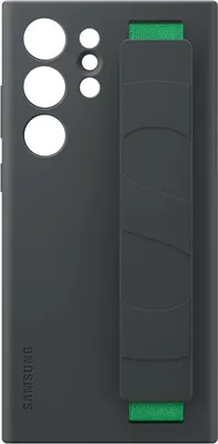 The back of a dark gray Samsung Galaxy S23 Ultra phone case with a green strap attached.