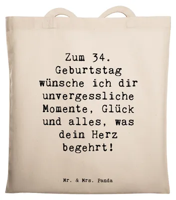 Produktbild von Mr. & Mrs. Panda Schultasche Spruch 34. Geburtstag Glückwünsche - Transparent - Geschenk, Feier, Tasche, Laptoptasche, Glückwunsch, Jutebeutel, Freude, Happy Birthday