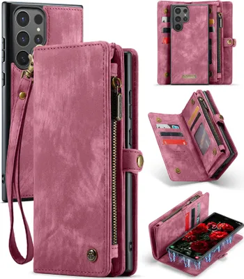 Produktbild von Schutzhülle für Samsung Galaxy S24 Ultra, Vintage Multifunktions Lederhülle, Kartenfächer, Reißverschluss Hülle Rot