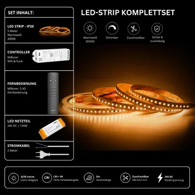 Produktbild von LED Streifen Set High Power Warmweiß 3000K – SMD LED Streifen 24V, 22 W/m, 3270 lm/m, 5m – SS150 Netzteil, WL5 WiFi Controller und C1 Fernbedienung Schwarz