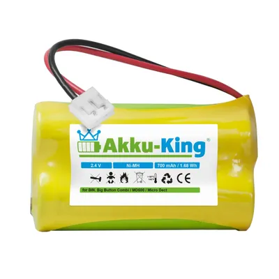 Produktbild von Akku-King 20108100, Akku, Binatone Big Button Combi, MD500, Micro DECT kompatibel, Micro DECT MD-500 BTI Clarity 600,..., Gelb, Nickel-Metallhydrid (NiMH), 700 mAh, 2,4 V