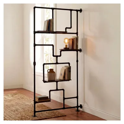 Produktbild von Raumteiler mit Regal, Wohnregal Ablageregal, Industrial Metall Melamin 203x100x20cm - Dunkelbraun