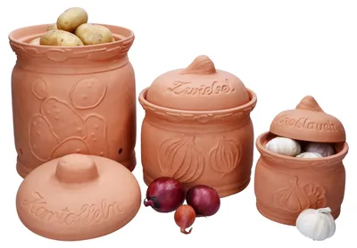Obrázek produktu pro sada 3 hliněných hrnců Terra s terakotovými víky Brambory Cibule Česnek