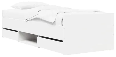 Image de Cadre de lit avec tiroirs et tête de lit, en bois blanc