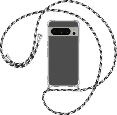 Produktbild von Handykette Backcover-Schutzhülle mit Band (Metall silberfarben) für Google Pixel 8 Pro (6.7'') - schwarz/grau/weiß