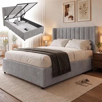 Produktbild von Juskys Polsterbett Savona 120x200 cm - Bett mit Stauraum, Lattenrost, Samt-Bezug - Bettgestell aus Holz, bis 250 kg, großes Kopfteil - Hellgrau