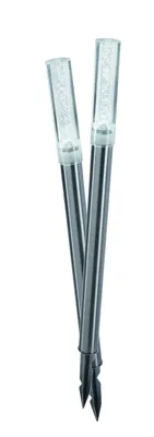 Two solar light stakes with clear, textured tops and silver bodies, presented against a white background.