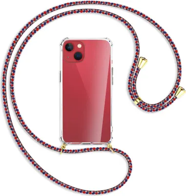 Produktbild von Handykette Backcover-Schutzhülle mit Band (Metall goldfarben) für Apple iPhone 13 - silber/blau/rot