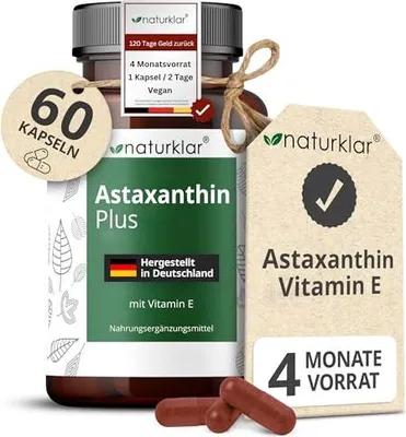 Produktbild von Astaxanthin 12 mg Kapseln, hochdosiert & vegan, mit Vitamin E, 60 Stück, 4 Monate Vorrat, Naturklar