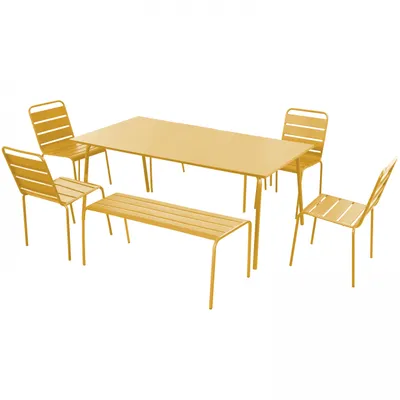 A yellow metal dining set with a table, two chairs, and a bench, displayed on a white background.