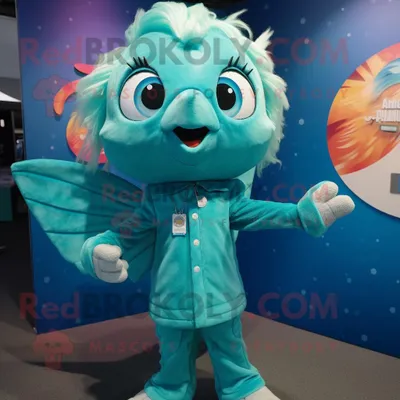 Produktbild von Blaugrüner REDBROKOLY Betta-Fisch Maskottchen Kostüm charakter bekleidet mit einem Playsuit und Anstecknadeln