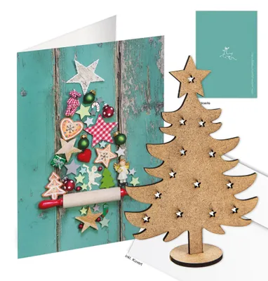 Produktbild von Logbuch-Verlag 10 Karten mit Umschlag DIN A6 türkis blau Weihnachtsbaum-Motiv - Klappkarte Doppelkarte mit Baum aus Holz zum Stecken