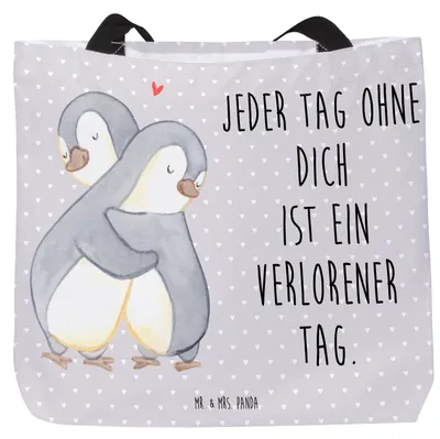 Produktbild von Mr. & Mrs. Panda Einkaufstasche Pinguine Kuscheln - Grau Pastell - Geschenk, Freundin, für Frauen, Tasche, Hochzeitstag, Unitasche, Partner, Valentinstag, Jahrestag