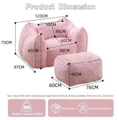 Produktbild von Sitzsack-Set mit Kissen und Ottoman, Kunstfell, ergonomisch, 157x123x73 cm, Pink