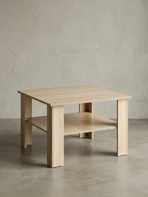 Maße des quadratischen Couchtischs in heller Eiche-Optik. Die Grafik zeigt alle Abmessungen: 60x60 cm Tischplatte, 42 cm Höhe und praktische Ablage für das Wohnzimmer._#sku_SAFWL5.833#