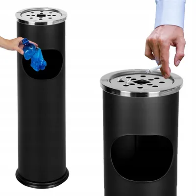 A collage showing two black cylindrical trash cans with ashtrays on top. One shows a hand discarding a blue plastic bag, and the other shows a hand discarding a cigarette.