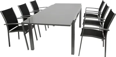Produktbild von DEGAMO Gartenset Sitzgruppe Gartengarnitur MARINA 7-teilig, 6x Stapelsessel Aluminium + Kunstgewebe, 1x Ausziehtisch 180/240x100cm Aluminium + Glas