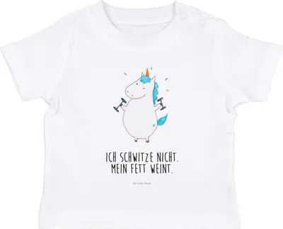 Produktbild von Mr. & Mrs. Panda  T-Shirt Einhorn Fitness 6. - 12. Monat - Weiß - Geschenk, Sport, Abnehmen, Diät, Kinder Top, Babyshirt, Kleinkind Shirt, Fitnessstudio, Gym, Unicorn