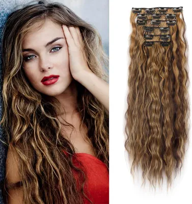 Imagen del producto de Extensiones de pelo sintético tipo clip, de 50 cm de largo, con 6 ondas, 16 clips, para añadir volumen y longitud