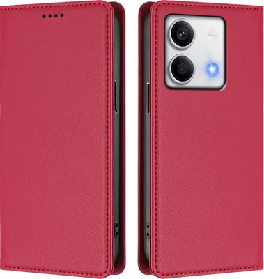 Produktbild von Handyhülle für Xiaomi Redmi Note 13 5G, Kunstleder Klapphülle Stoßfeste Magnetische Hülle mit Ständer Rot