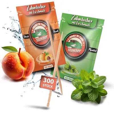 Produktbild von Stoxser 300x Zahnstocher mit Geschmack 2er Pack Pfirsich und Mint / Menthol Geschmacksrevolution Zahnstocher Geschmack Kein Kaugummi