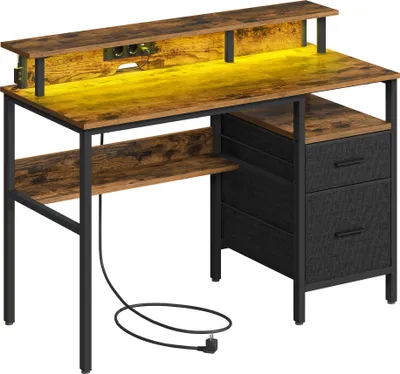 Produktbild von VASAGLE Schreibtisch mit Schubladen Computertisch LED-Beleuchtung Vintage