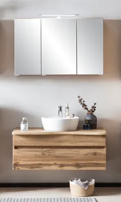 Produktbild von Waschtisch-Set "Villach" aus MDF in wotaneiche mit einer Schublade und 3 Türen. Abmessungen (B/H/T) 100x200x47 cm