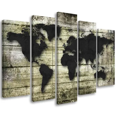 Produktbild von 5-teiliges leinwandbild weltkarte retro 150x100 cm Feeby schwarz wandbild bereit zum aufhängen