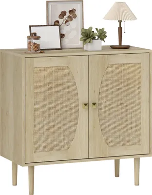 Produktbild von ZMH Küchen-Sideboard Doppeltür-Aufbewahrungsmöbel mit 2 Einlegeböden Rattanfront 80 x 38 x 79 cm Holzoptik