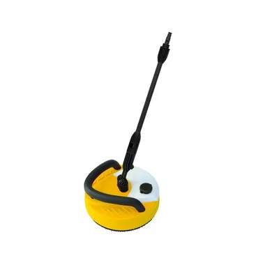 A yellow and white surface cleaner attachment for a pressure washer, shown against a white background.