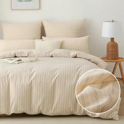 Produktbild von Bettwäsche Set 155x220 cm Baumwolle Gestreift Beige 2-teilig mit Reißverschluss