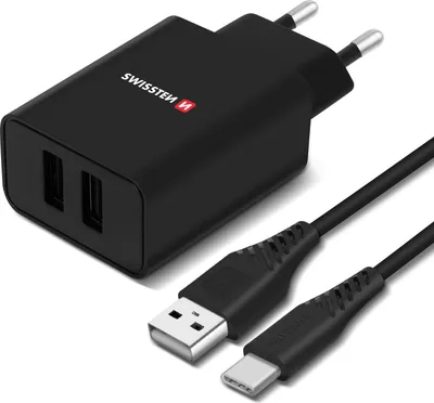 Imagen del producto de Cargador inteligente Swissten para red, 2 puertos USB 2.1A, con cable USB-C de 1.2 metros, color