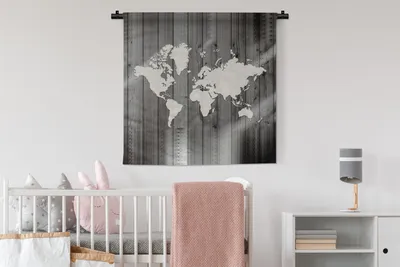 Produktbild von MuchoWow® Wandteppich Wandbehang Weltkarte - Holz - Schwarz - Weiß 90x90 cm Tapisserie Dekoration Wandtuch - Wandaufhänger