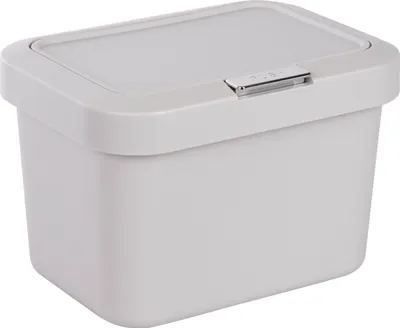 A light gray compost bin with a lid and a silver latch.