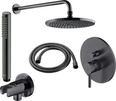 A set of black shower fixtures laid out on a white background.