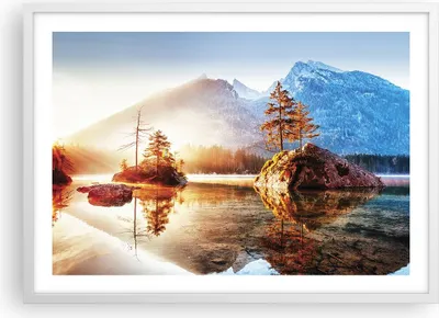 Produktbild von Gerahmtes Poster - Weißer Rahmen - Morgendämmerung Berge See - 70x50 cm - Wand Bild - Wanddeko - Wandbilder - Kunstposter - Wandposter - Bilderrahmen - Bilder - Kunstdruck - P2WAA70x50-4617