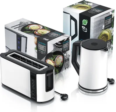 Produktbild von Arendo Frühstücksset, Wasserkocher mit Temperatureinstellung, Edelstahl, 2200W, 1,5L + Toaster 2 Scheiben, Langschlitztoaster 2 Scheiben, Langschlitz, 1000W, Weiß