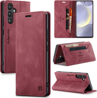Produktbild von Hülle für Samsung Galaxy S24 FE, Retro Kunstleder Tasche Kartenfächern und Ständer Schutzhülle Rot