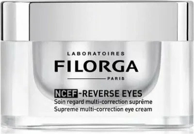 A product shot of a Filorga NCEF-Reverse Eyes eye cream jar.