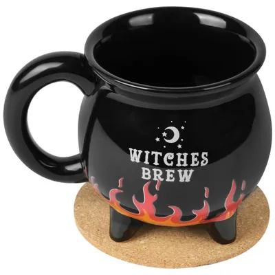 Image de Tasse à café "Casserole de sorcière" avec effet de flamme, 340 ml, en céramique, noire