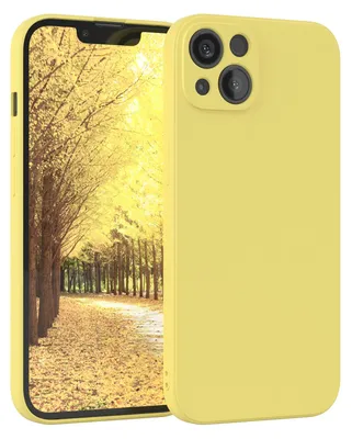 A yellow phone case is shown with a scenic background on the phone screen.