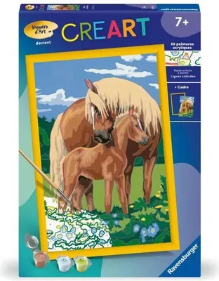 Obrázek produktu pro CreArt Kids Malování podle čísel Sada „Hrdí koně“, 31 x 21 cm, od 7 let, včetně rámu, štětce a 20 barev