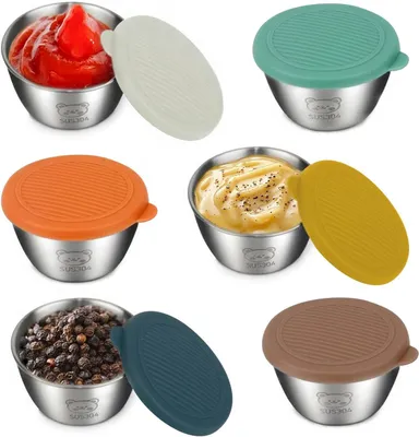 Produktbild von 6x 80ml Edelstahl Dressingbehälter, Silikondeckel, Auslaufsicher, Für Camping, Bunte Set