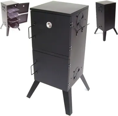 A black smoker oven with a thermometer on the front, shown from a slightly diagonal front view. There are two smaller images in the background, one showing the smoker with its doors open and racks inside, and another showing a side view of the smoker.