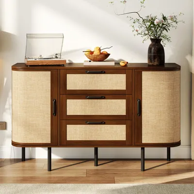 Produktbild von MODFU Kommode mit 2 Türen & 3 Schubladen,Sideboard mit Geflechtfronten,Wohnzimmerschrank in Nussbaumholzoptik mit schwarzen Metallfüßen,120x40x82cm