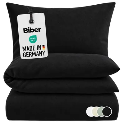 Produktbild von Biber Bettwäsche 155x220 Schwarz Uni Flanell Bettwäsche einfarbig Winter Bettbezug 155 x 220